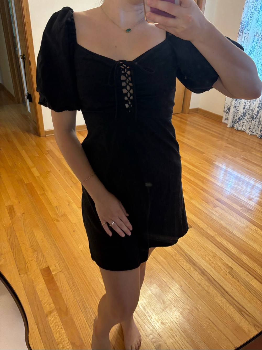 H&M Black Puff Sleeve Lace-Up Mini Dress